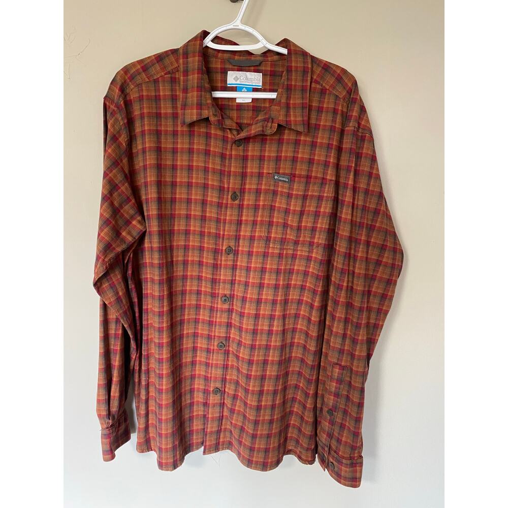 Men's Columbia Brown Rust Red Plaid Button Up Long Sleeve  XL Cotton Blend